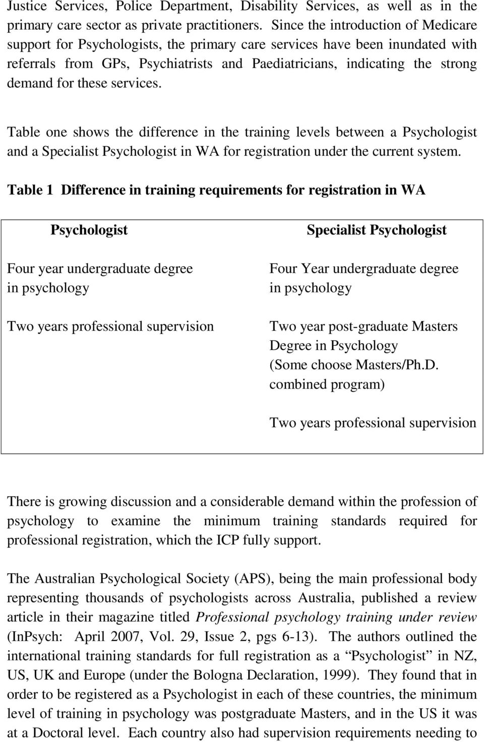 these services. Table one shows the difference in the training levels between a Psychologist and a Specialist Psychologist in WA for registration under the current system.