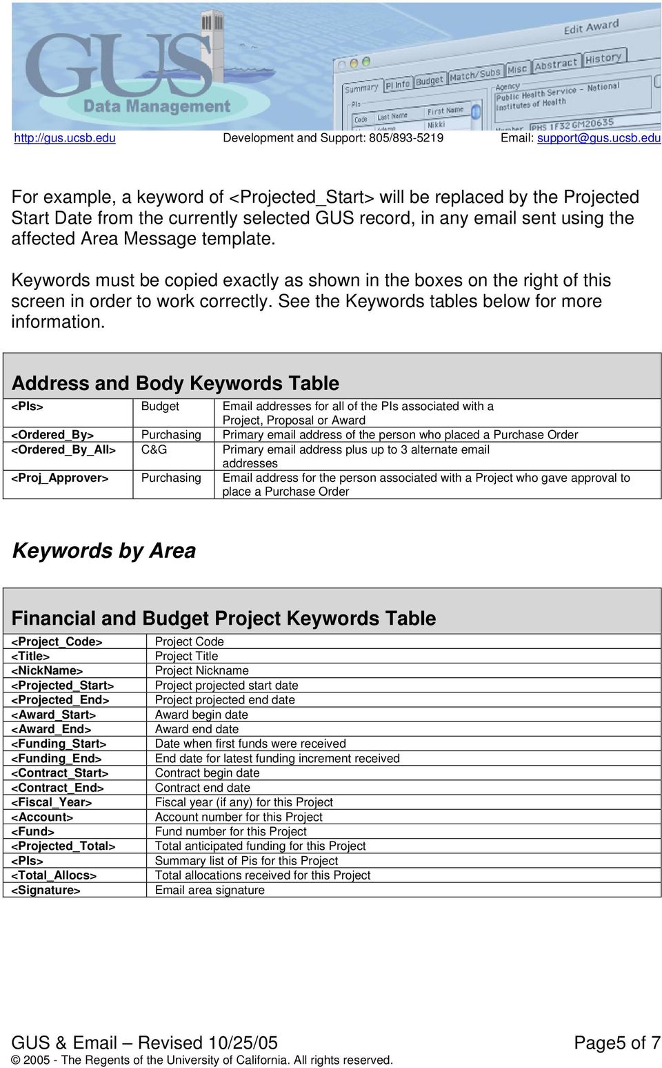 Address and Body Keywords Table <PIs> Budget Email addresses for all of the PIs associated with a Project, Proposal or Award <Ordered_By> Purchasing Primary email address of the person who placed a