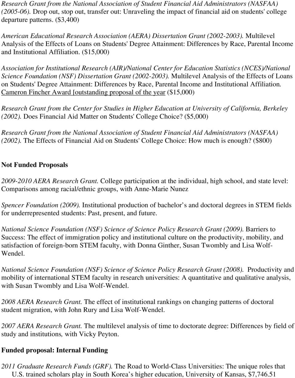 ($3,400) American Educational Research Association (AERA) Dissertation Grant (2002-2003).