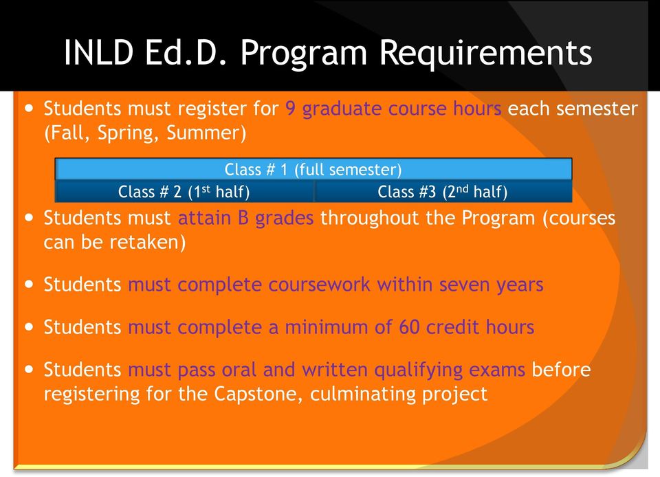 Program (courses can be retaken) Students must complete coursework within seven years Students must complete a minimum