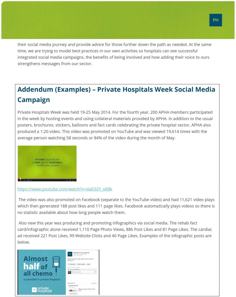 voice to ours strengthens messages from our sector. Addendum (Examples) Private Hospitals Week Social Media Campaign Private Hospitals Week was held 19-25 May 2014.