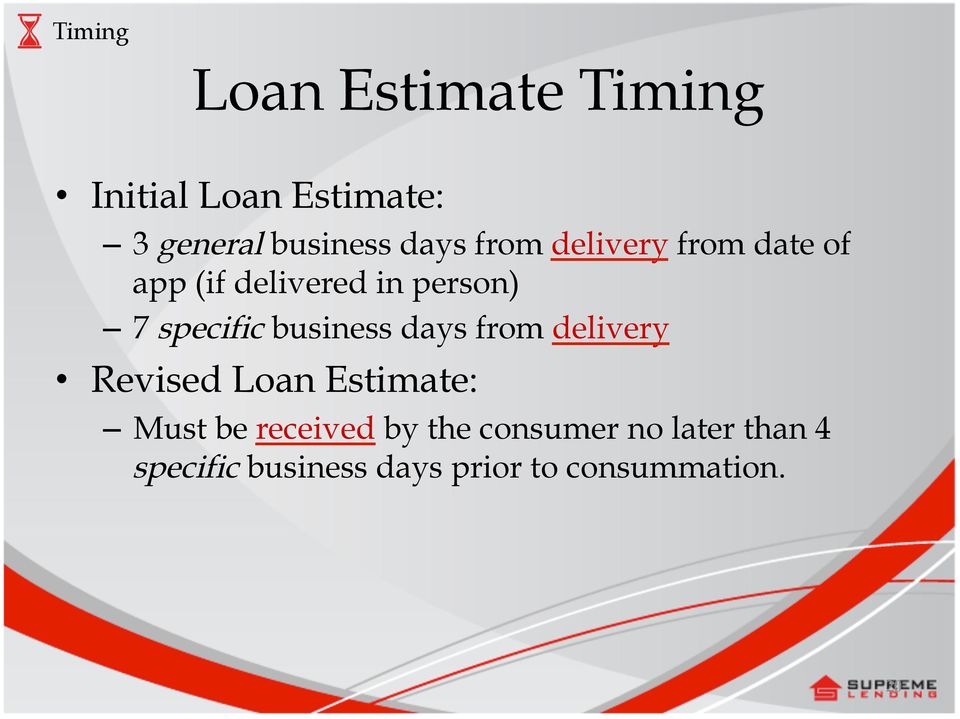 business days from delivery Revised Loan Estimate: Must be received by