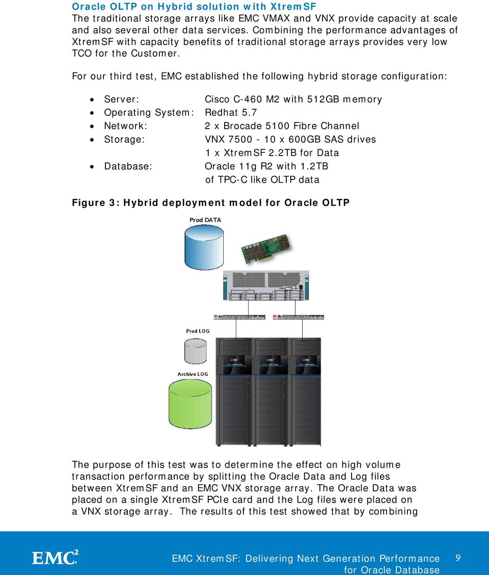 For our third test, EMC established the following hybrid storage configuration: Server: Cisco C-460 M2 with 512GB memory Operating System: Redhat 5.