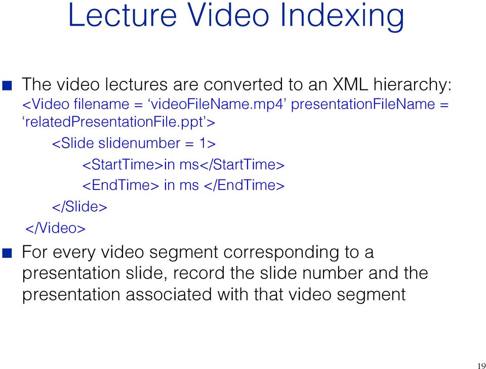 ppt > <Slide slidenumber = 1> </Slide> </Video> <StartTime>in ms</starttime> <EndTime> in ms