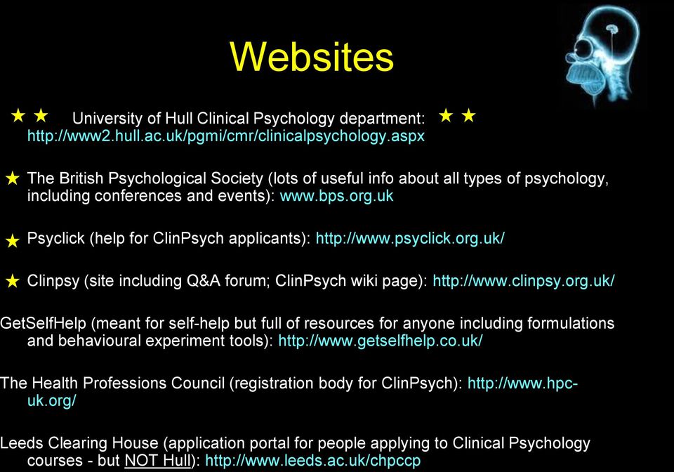 psyclick.org.uk/ Clinpsy (site including Q&A forum; ClinPsych wiki page): http://www.clinpsy.org.uk/ GetSelfHelp (meant for self-help but full of resources for anyone including formulations and behavioural experiment tools): http://www.