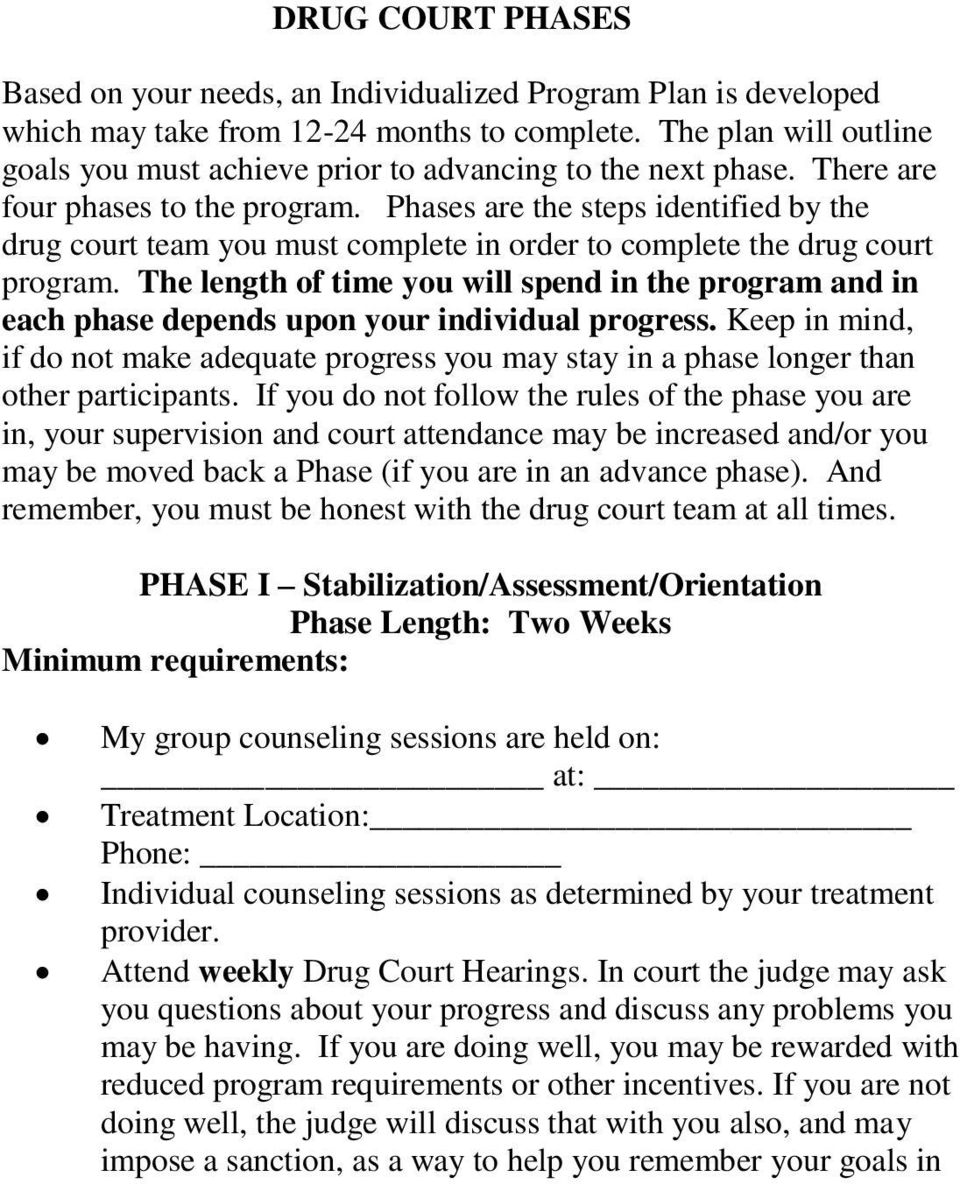 Phases are the steps identified by the drug court team you must complete in order to complete the drug court program.