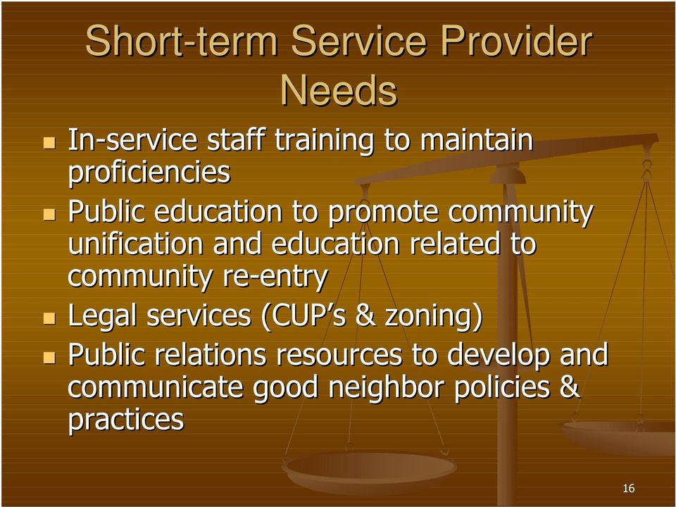 related to community re-entry entry Legal services (CUP s( & zoning) Public