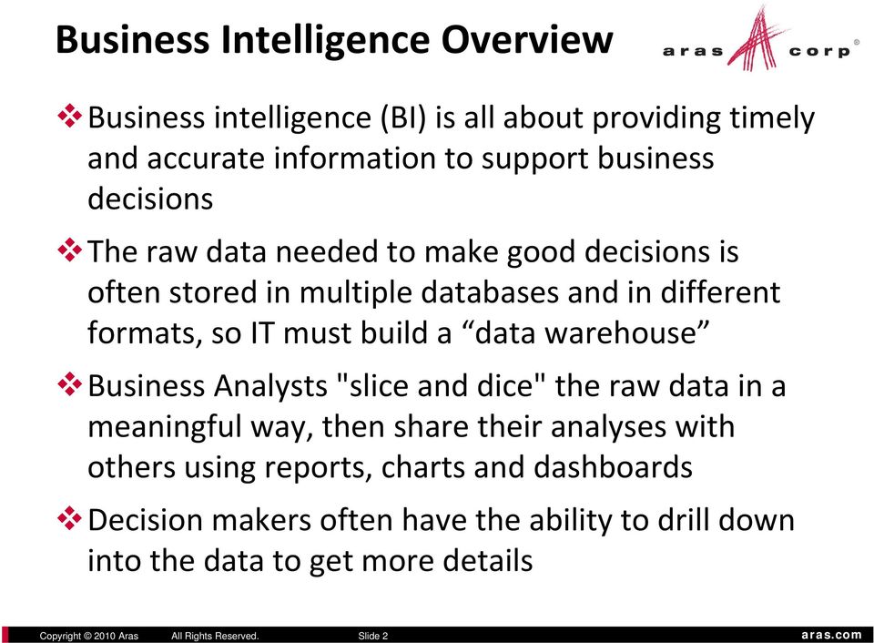 warehouse Business Analysts "slice and dice" the raw data in a meaningful way, then share their analyses with others using reports, charts