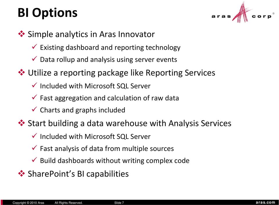 Charts and graphs included Start building a data warehouse with Analysis Services Included with Microsoft SQL Server Fast analysis of