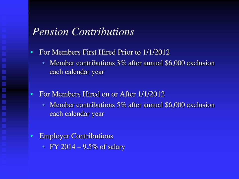 Members Hired on or After 1/1/2012 Member contributions 5% after annual