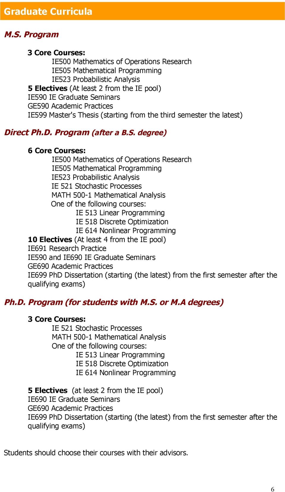 Academic Practices IE599 Master's Thesis (starting from the third semester the latest) Direct Ph.D. Program (after a B.S.