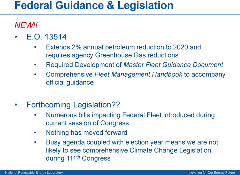 Guidance Document Comprehensive Fleet Management Handbook to accompany official guidance Forthcoming Legislation?