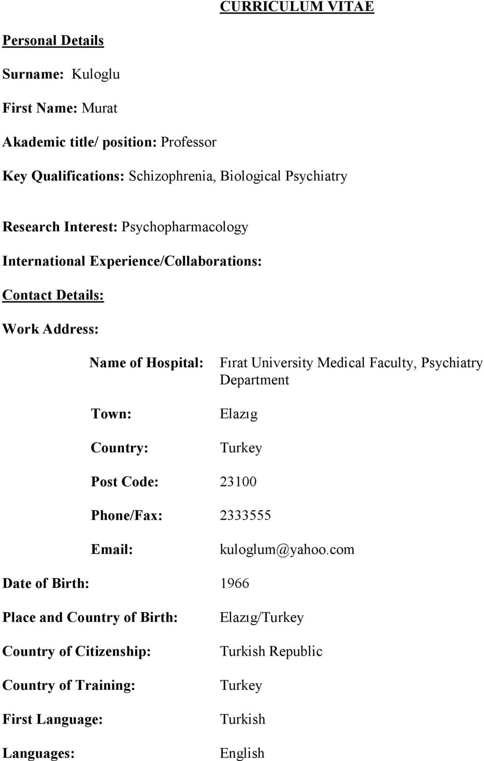 Country: Fırat University Medical Faculty, Psychiatry Department Elazıg Turkey Post Code: 23100 Phone/Fax: 2333555 Email: kuloglum@yahoo.