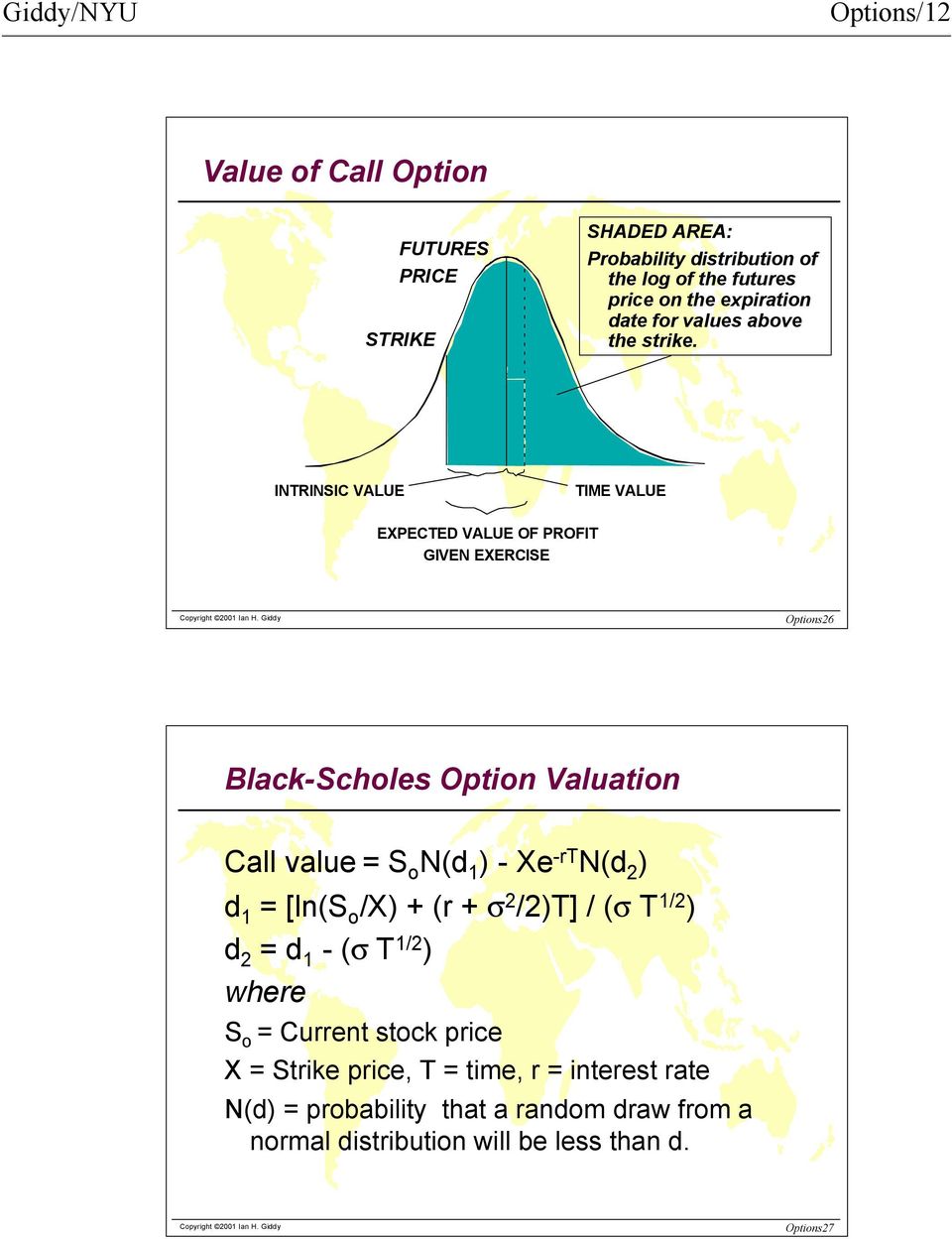 INTRINSIC VALUE TIME VALUE EXPECTED VALUE OF PROFIT GIVEN EXERCISE Options26 Black-Scholes Option Valuation Call value = S o N(d 1 ) - Xe -rt