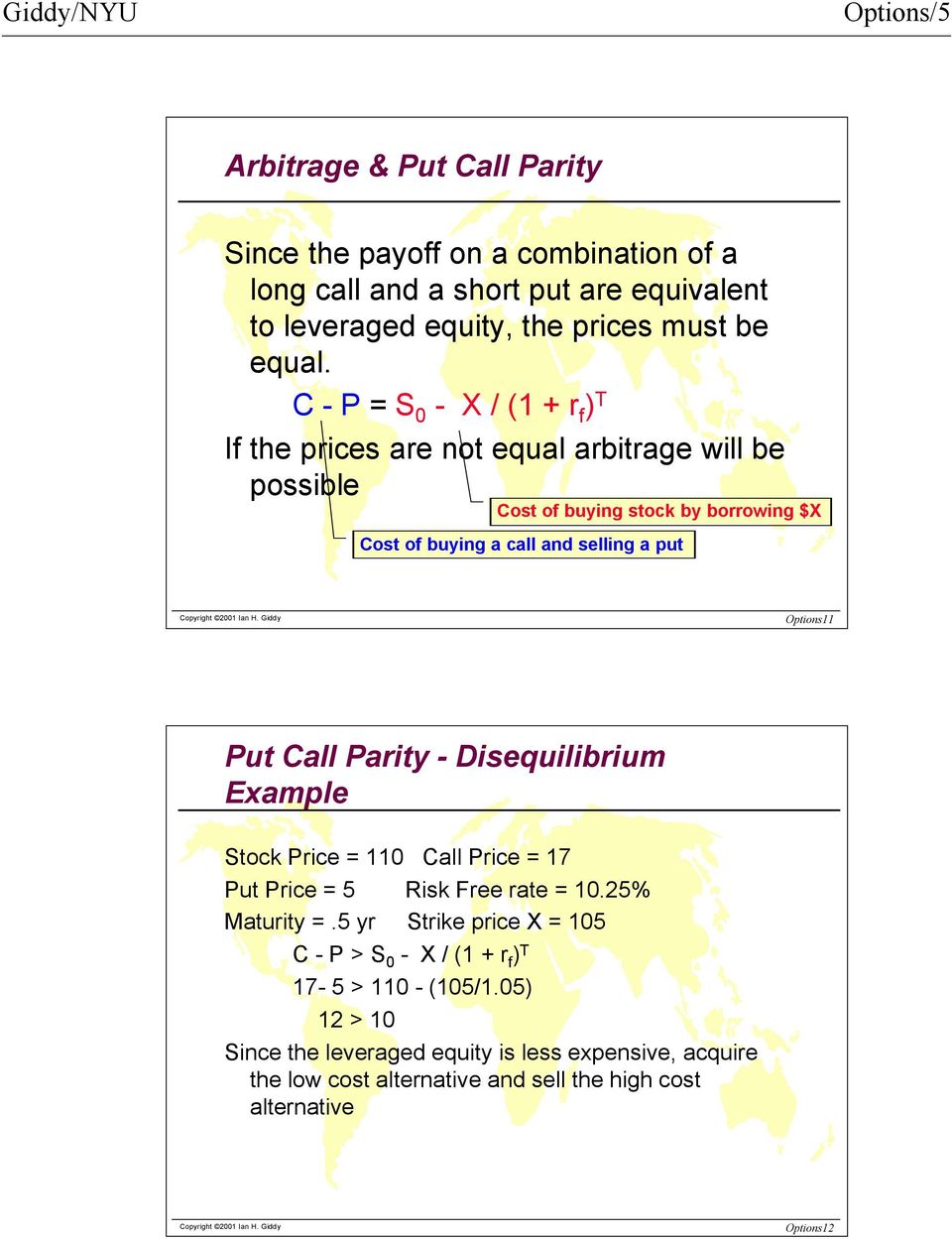 Options11 Put Call Parity - Disequilibrium Example Stock Price = 110 Call Price = 17 Put Price = 5 Risk Free rate = 10.25% Maturity =.