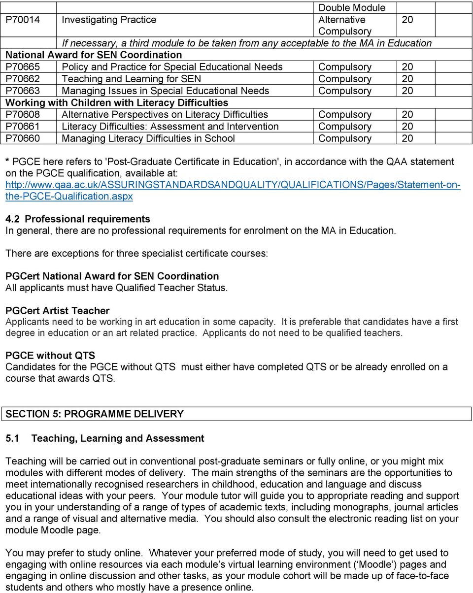 Difficulties P70661 Literacy Difficulties: Assessment and Intervention P70660 Managing Literacy Difficulties in School * PGCE here refers to 'Post Graduate Certificate in Education', in accordance