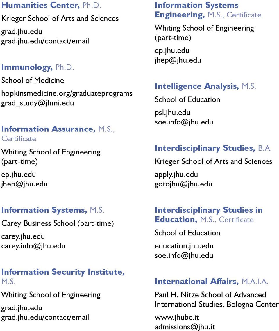 info@jhu.edu Information Security Institute, M.S. /contact/email Interdisciplinary Studies in Education, M.S., Certificate School of Education education.jhu.edu soe.