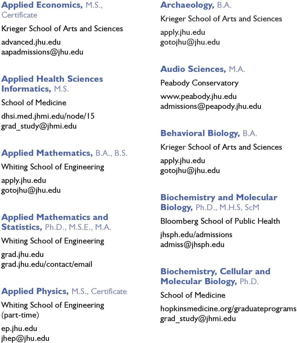 peabody.jhu.edu admissions@peapody.jhu.edu Behavioral Biology, B.A. Biochemistry and Molecular Biology, Ph.D., M.H.