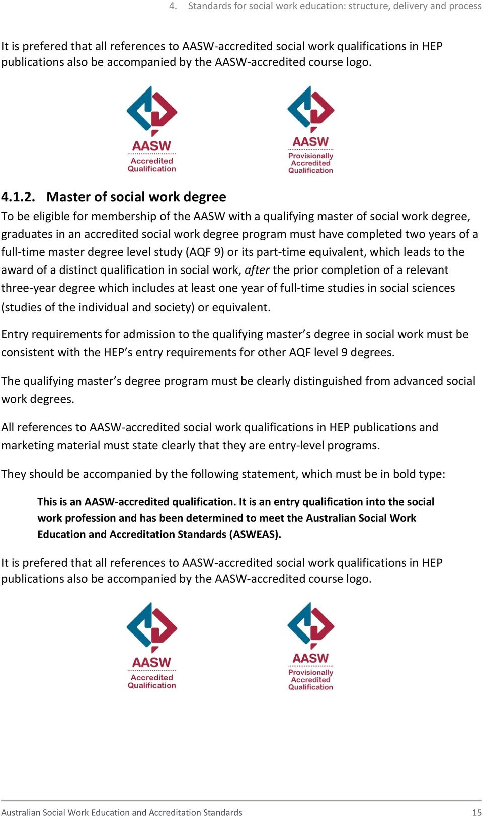 Master of social work degree To be eligible for membership of the AASW with a qualifying master of social work degree, graduates in an accredited social work degree program must have completed two