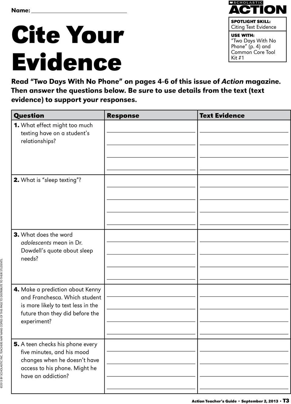 Lesson Plan: Citing Text Evidence Use with Two Days With No Phone Inside Cite Textual Evidence Worksheet