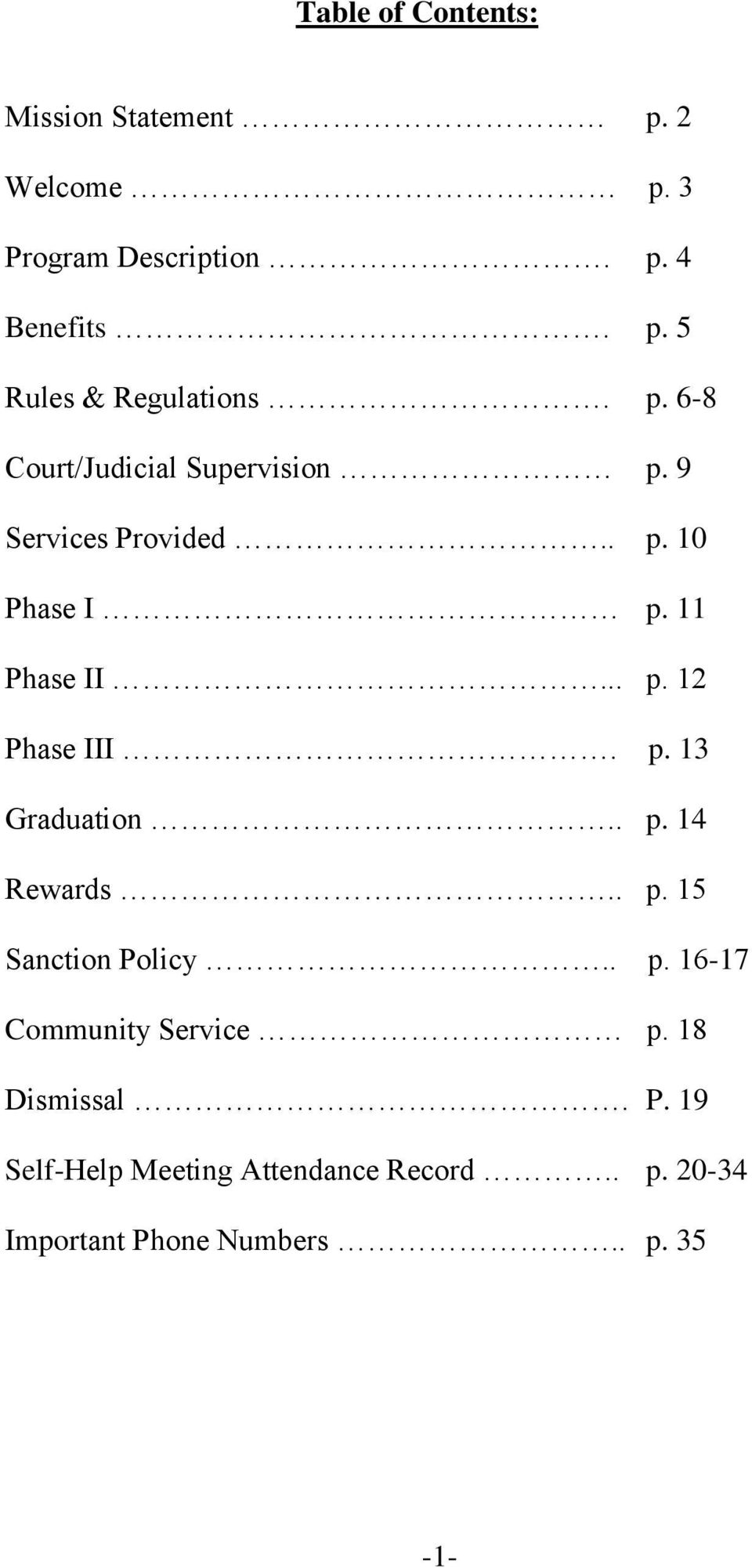 p. 13 Graduation.. p. 14 Rewards.. p. 15 Sanction Policy.. p. 16-17 Community Service p. 18 Dismissal.