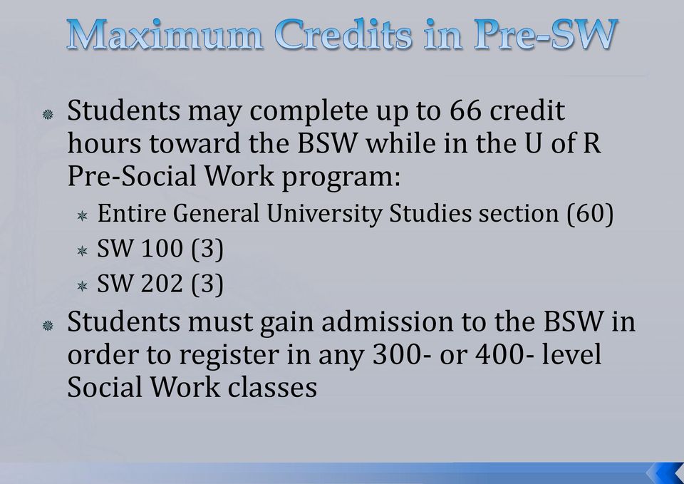 section (60) SW 100 (3) SW 202 (3) Students must gain admission to