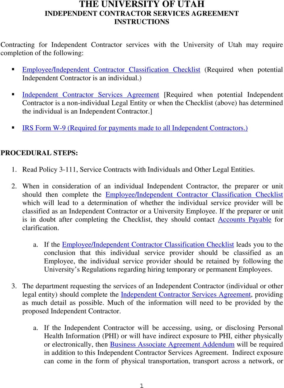 The University Of Utah Independent Contractor Services Agreement Instructions Pdf Free Download