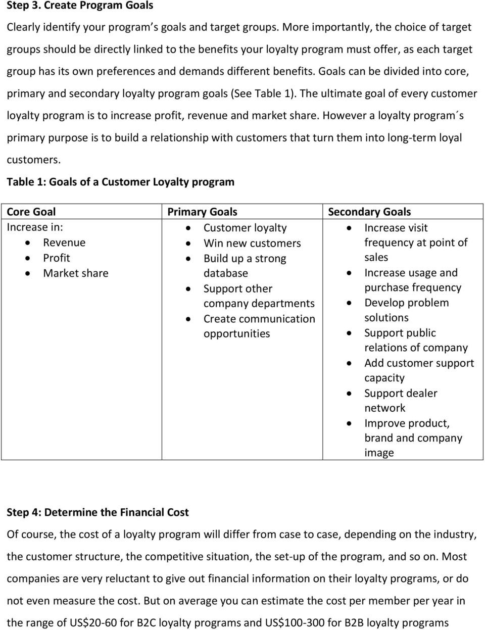 Goals can be divided into core, primary and secondary loyalty program goals (See Table 1). The ultimate goal of every customer loyalty program is to increase profit, revenue and market share.