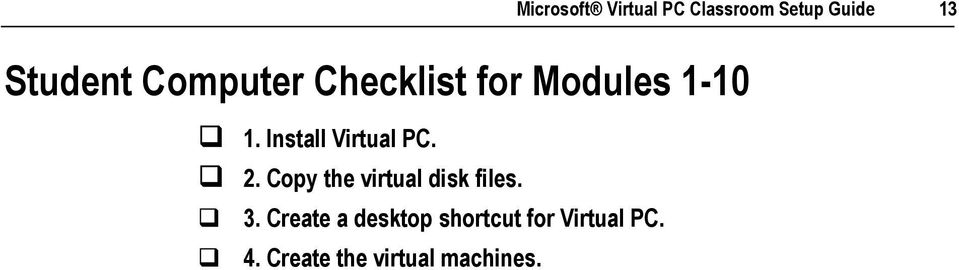 Install Virtual PC. " 2. Copy the virtual disk files. " 3.