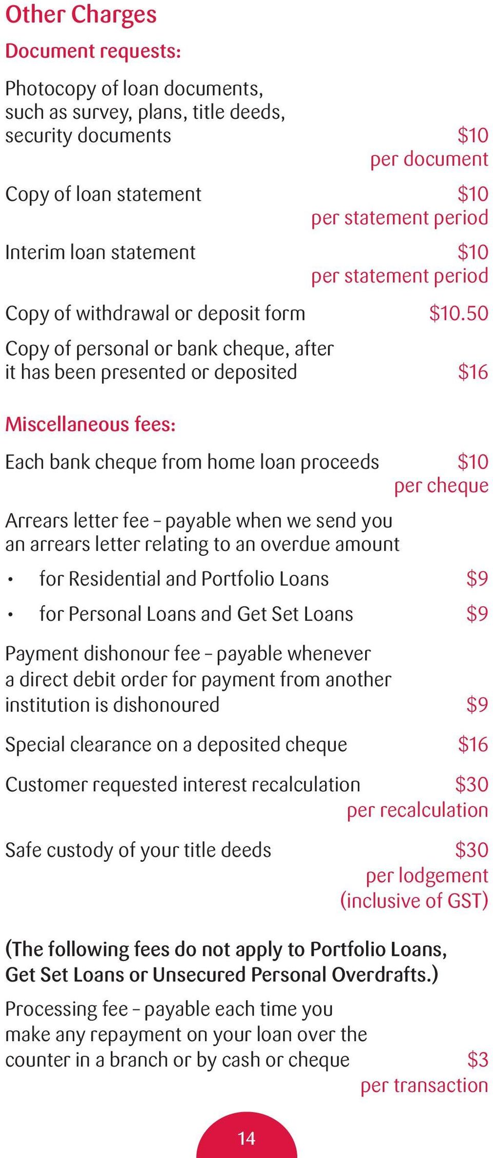 50 Copy of personal or bank cheque, after it has been presented or deposited $16 Miscellaneous fees: Each bank cheque from home loan proceeds $10 per cheque Arrears letter fee payable when we send
