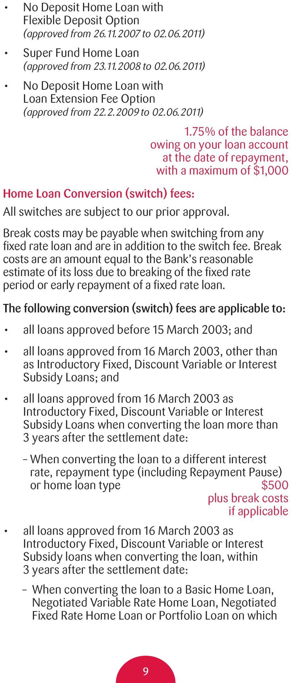 75% of the balance owing on your loan account at the date of repayment, with a maximum of $1,000 Home Loan Conversion (switch) fees: All switches are subject to our prior approval.