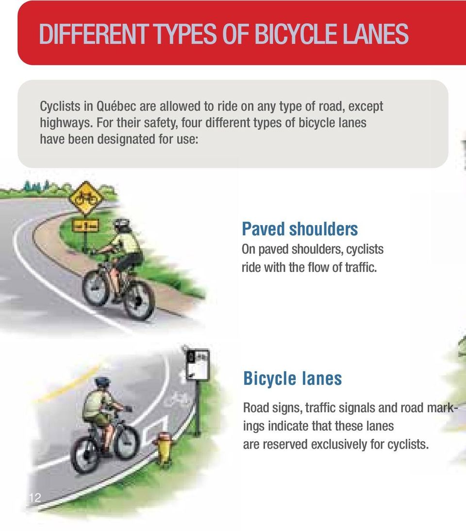 For their safety, four different types of bicycle lanes have been designated for use: Paved