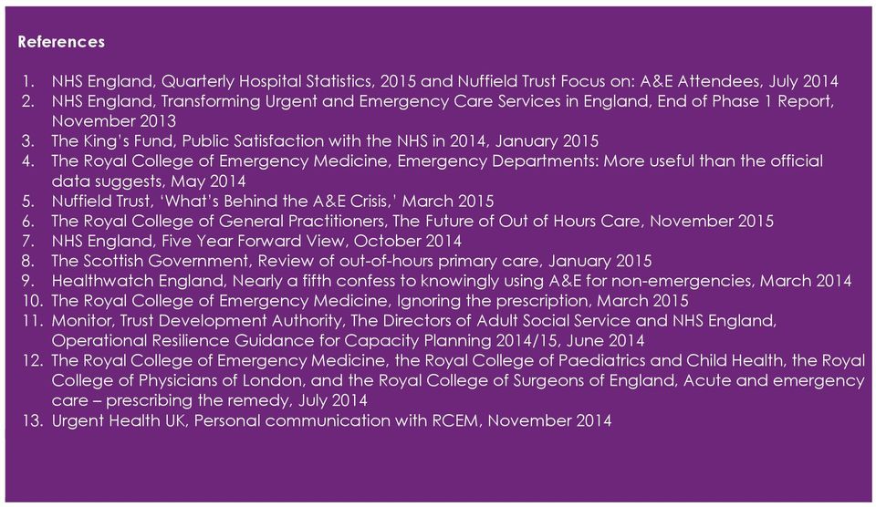 The Royal College of Emergency Medicine, Emergency Departments: More useful than the official data suggests, May 2014 5. Nuffield Trust, What s Behind the A&E Crisis, March 2015 6.