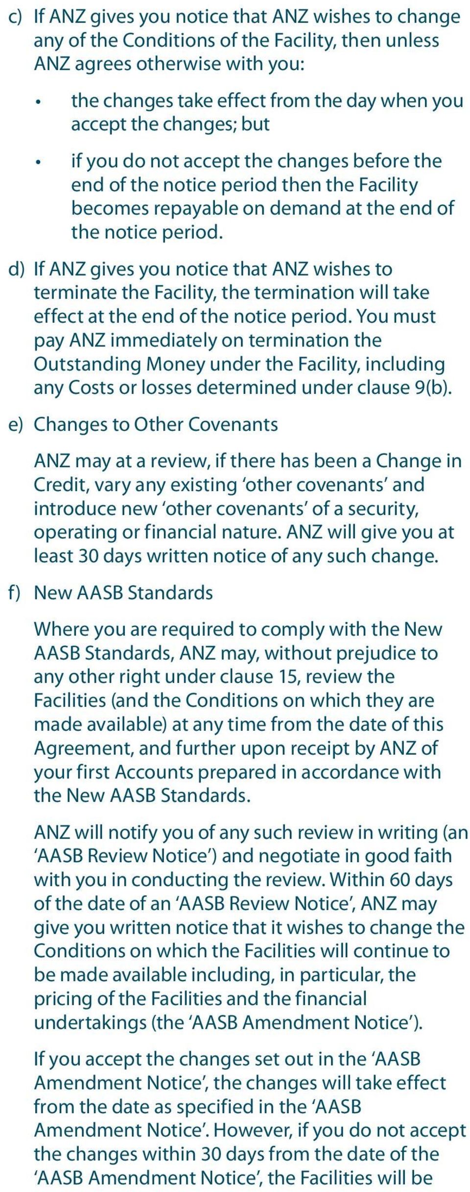 d) If ANZ gives you notice that ANZ wishes to terminate the Facility, the termination will take effect at the end of the notice period.