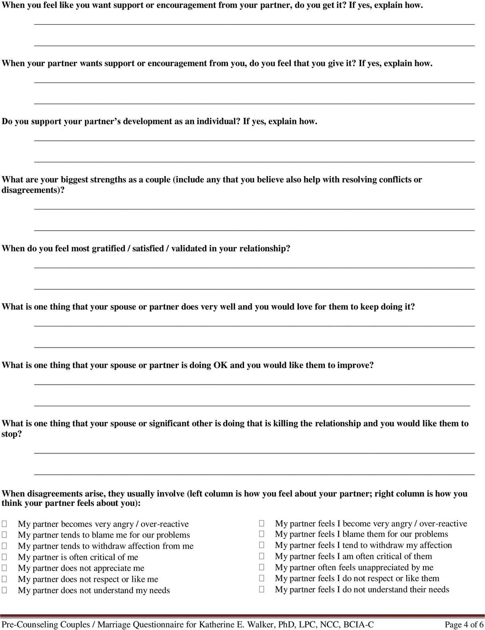 Marriage for couples questionnaire pre Pre