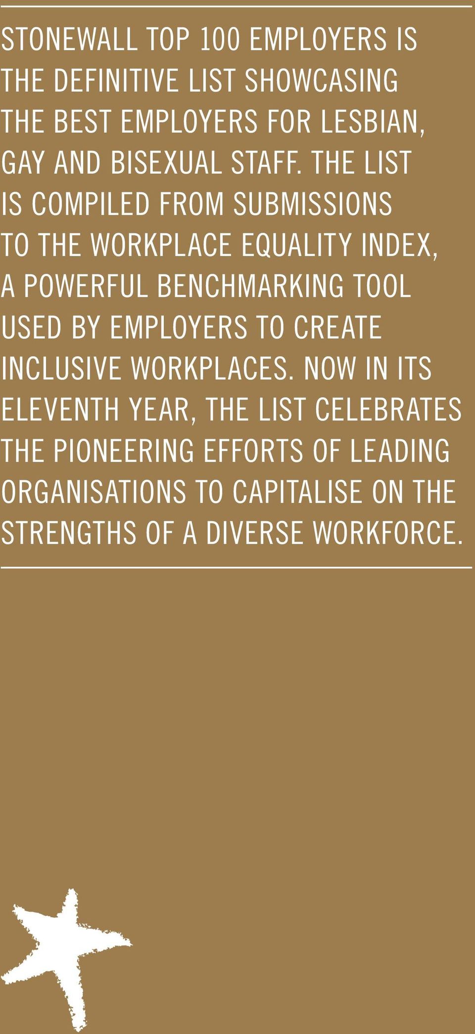 THE LIST IS COMPILED FROM SUBMISSIONS TO THE WORKPLACE EQUALITY INDEX, A POWERFUL BENCHMARKING TOOL USED BY