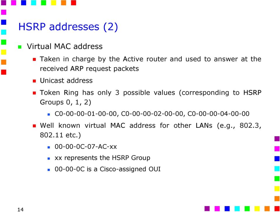Groups 0, 1, 2) C0-00-00-01-00-00, C0-00-00-02-00-00, C0-00-00-04-00-00 Well known virtual MAC address for