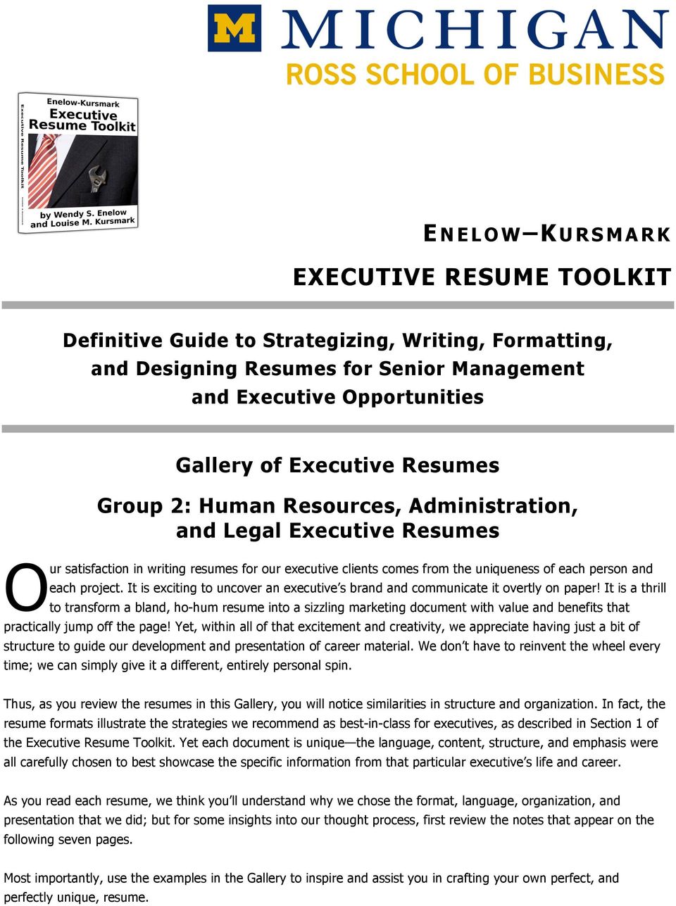 E N E L O W KURSMARK EXECUTIVE RESUME TOOLKIT - PDF Free Download With Ross School Of Business Resume Template