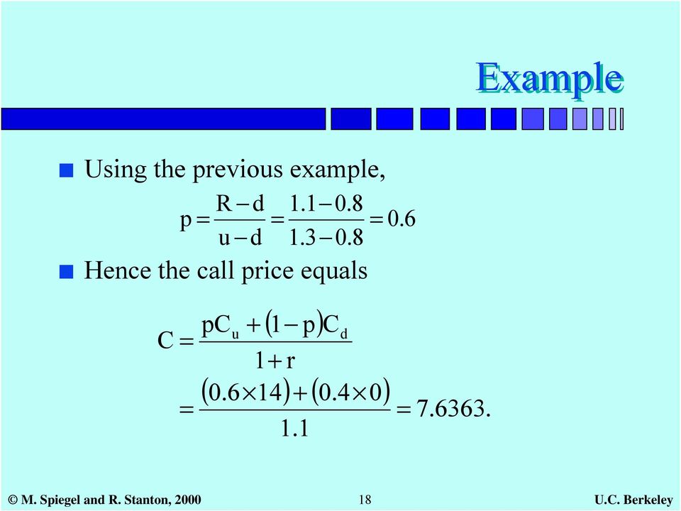 8 Hence the call price equals C = = pc u ( 1 p) +