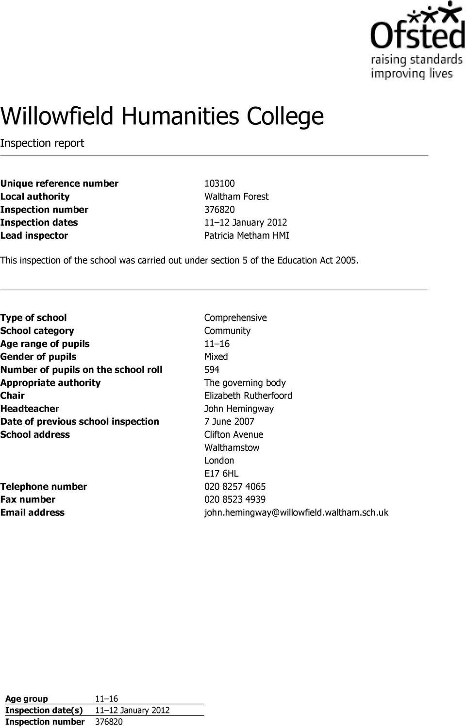 Type of school Comprehensive School category Community Age range of pupils 11 16 Gender of pupils Mixed Number of pupils on the school roll 594 Appropriate authority The governing body Chair