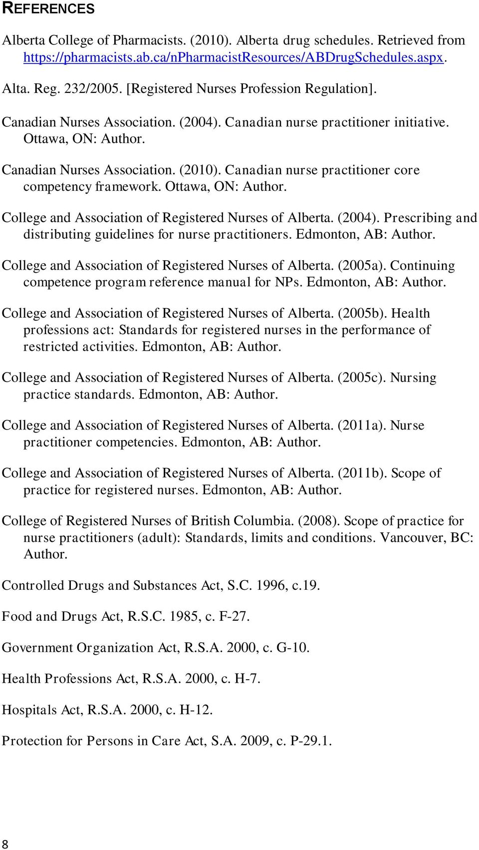 Canadian nurse practitioner core competency framework. Ottawa, ON: Author. College and Association of Registered Nurses of Alberta. (2004).