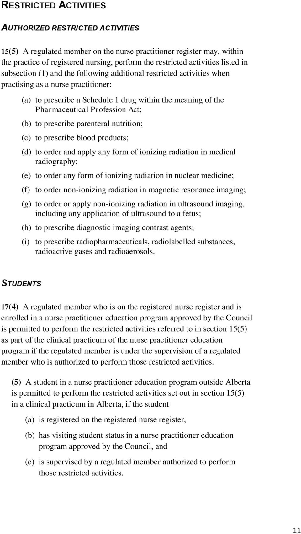 Profession Act; (b) to prescribe parenteral nutrition; (c) to prescribe blood products; (d) to order and apply any form of ionizing radiation in medical radiography; (e) to order any form of ionizing