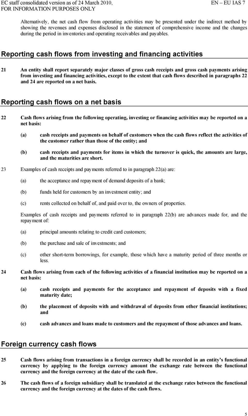Reporting cash flows from investing and financing activities 21 An entity shall report separately major classes of gross cash receipts and gross cash payments arising from investing and financing