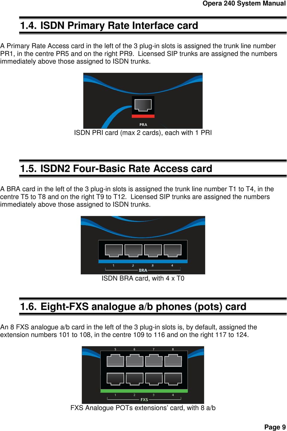 ISDN2 Four-Basic Rate Access card A BRA card in the left of the 3 plug-in slots is assigned the trunk line number T1 to T4, in the centre T5 to T8 and on the right T9 to T12.