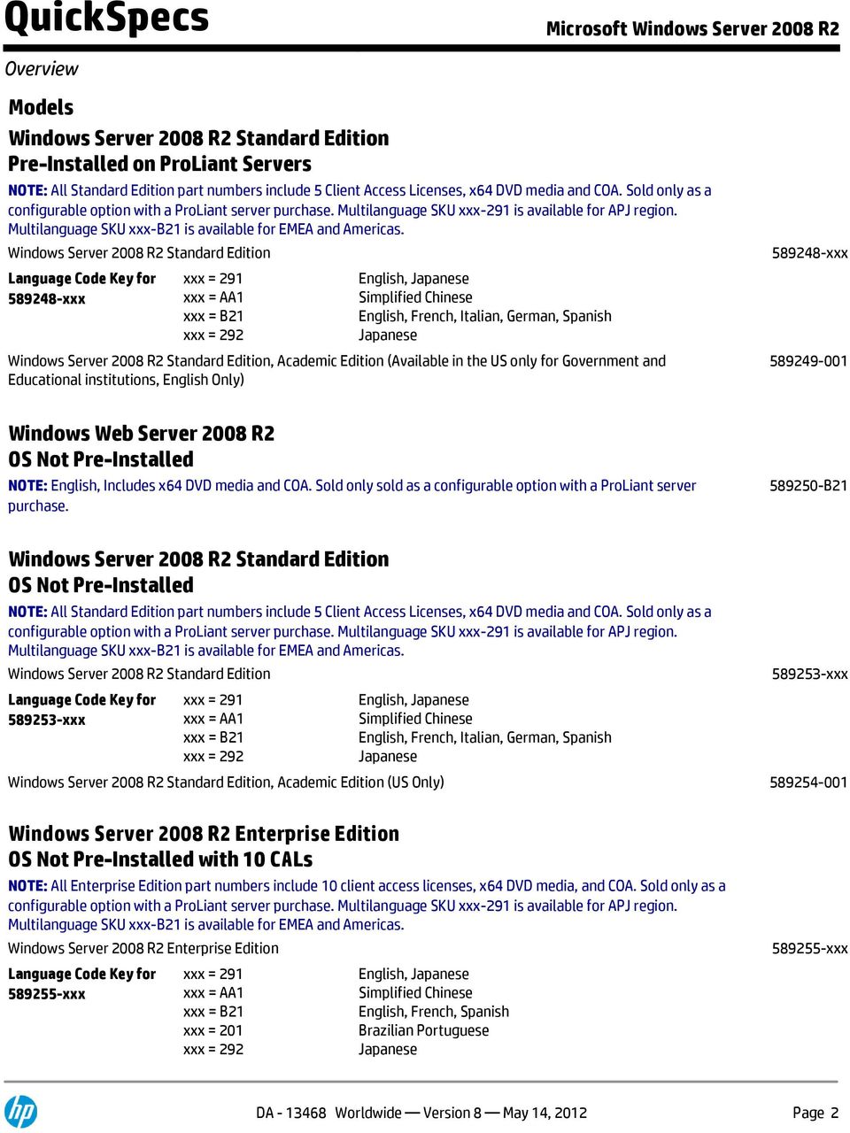Windows Server 2008 R2 Standard Edition 589248-xxx,,, Italian,, Windows Server 2008 R2 Standard Edition, Academic Edition (Available in the US only for Government and Educational institutions, Only)