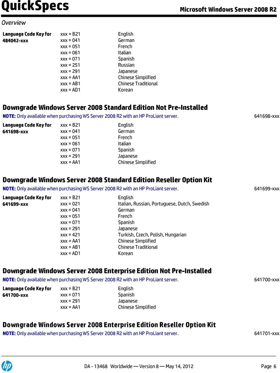 Portuguese, Dutch, Swedish Turkish, Czech, Polish, Hungarian Chinese Traditional 641699-xxx Downgrade Windows Server 2008 Enterprise Edition Not