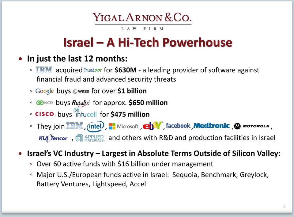 $650 million buys for $475 million They join,,,,,,,,, and others with R&D and production facilities in Israel Israel s VC Industry Largest in