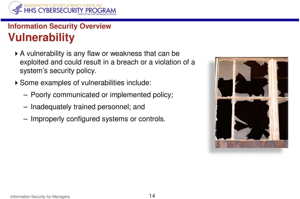 Some examples of vulnerabilities include: Poorly communicated or implemented policy;