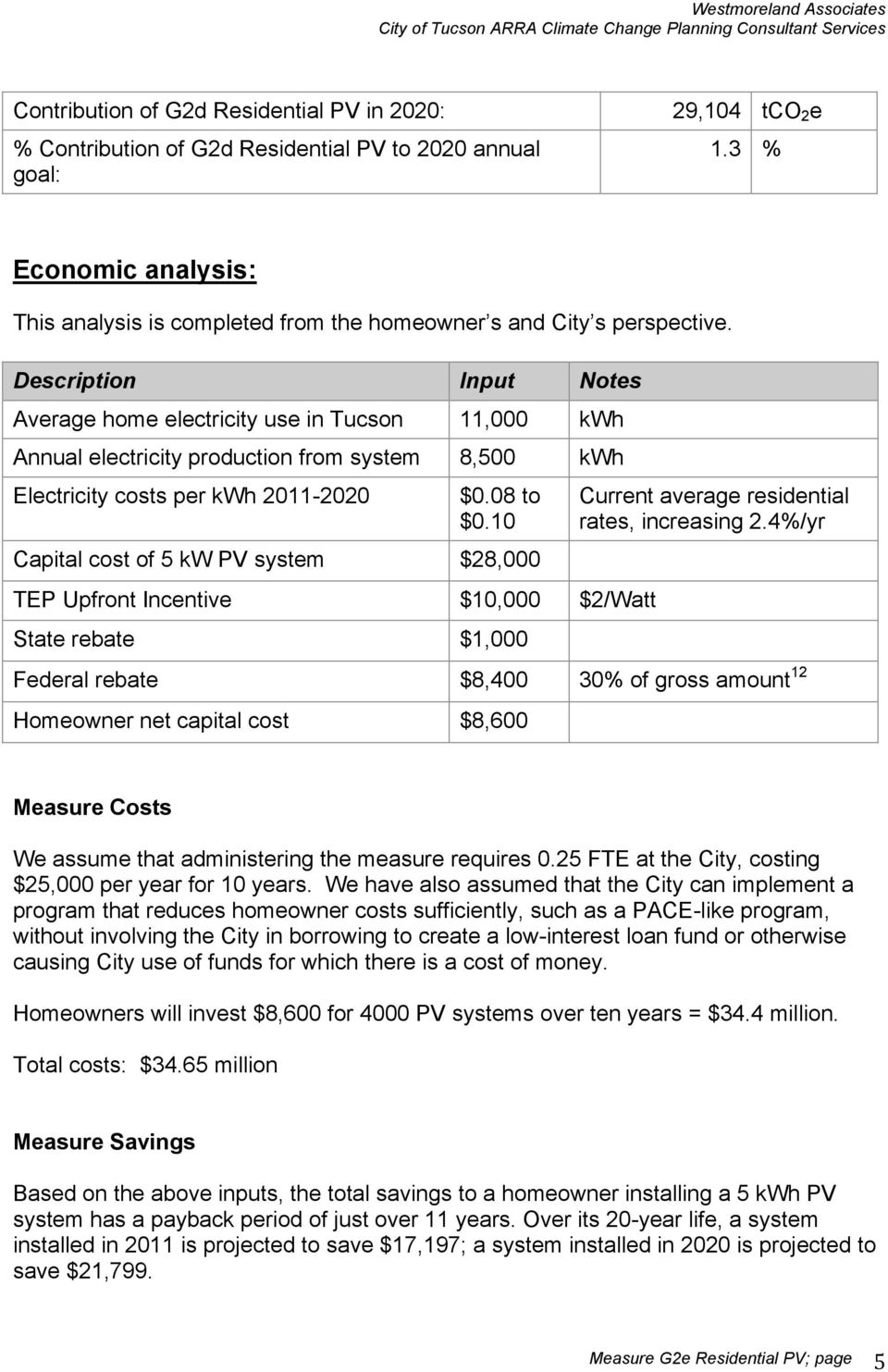 Description Input Notes Average home electricity use in Tucson 11,000 kwh Annual electricity production from system 8,500 kwh Electricity costs per kwh 2011-2020 $0.08 to $0.