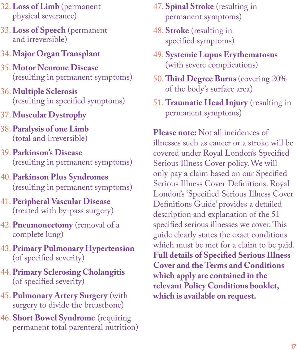 Parkinson Plus Syndromes (resulting in permanent symptoms) 41. Peripheral Vascular Disease (treated with by-pass surgery) 42. Pneumonectomy (removal of a complete lung) 43.